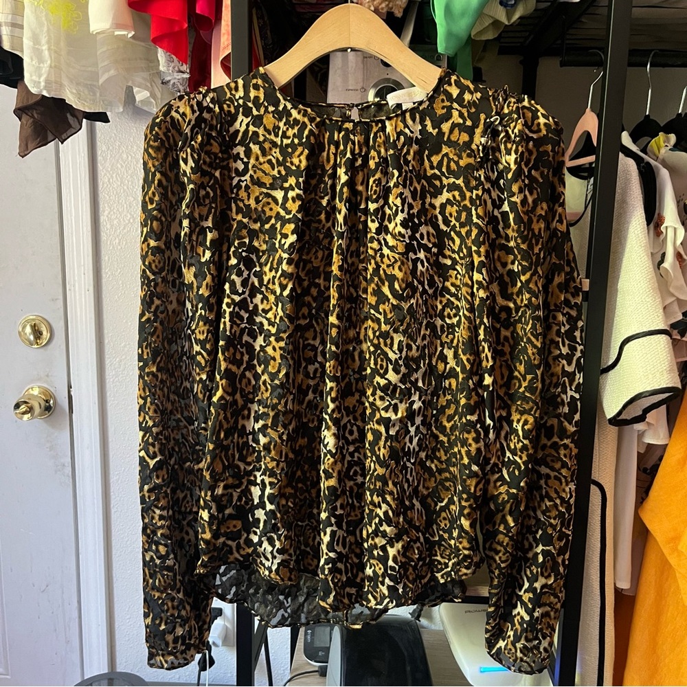 RONNY KOBO black tan‎ yellow leopard cheetah animal burnout long sleeve blouse